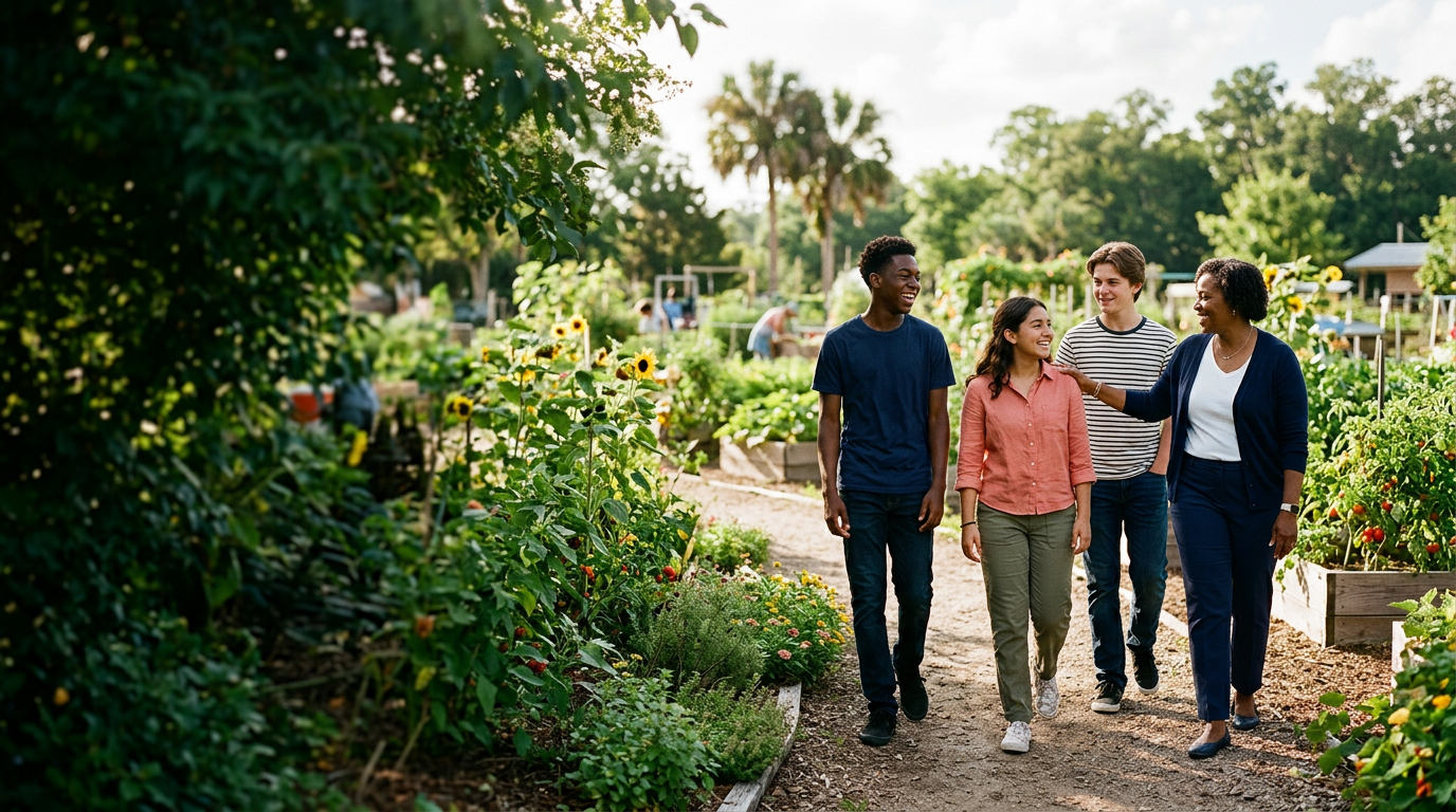 A mentor walking with young people in a community garden